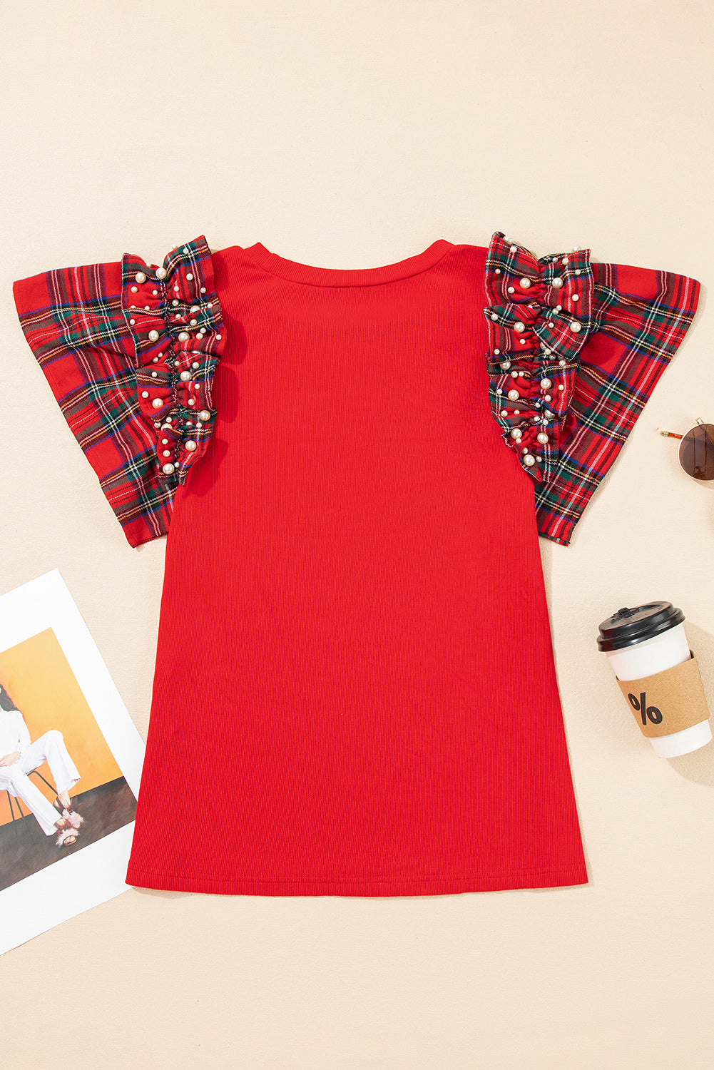 Red Pearl Plaid Ruffle Sleeve Loose T-Shirt