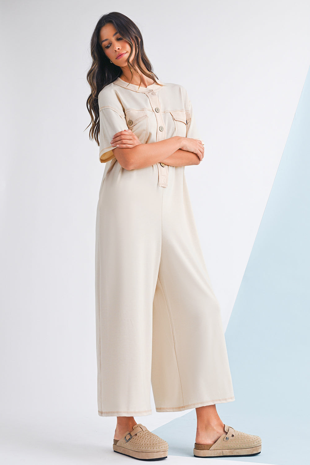 Patchwork Pocket Short Sleeve Jumpsuit