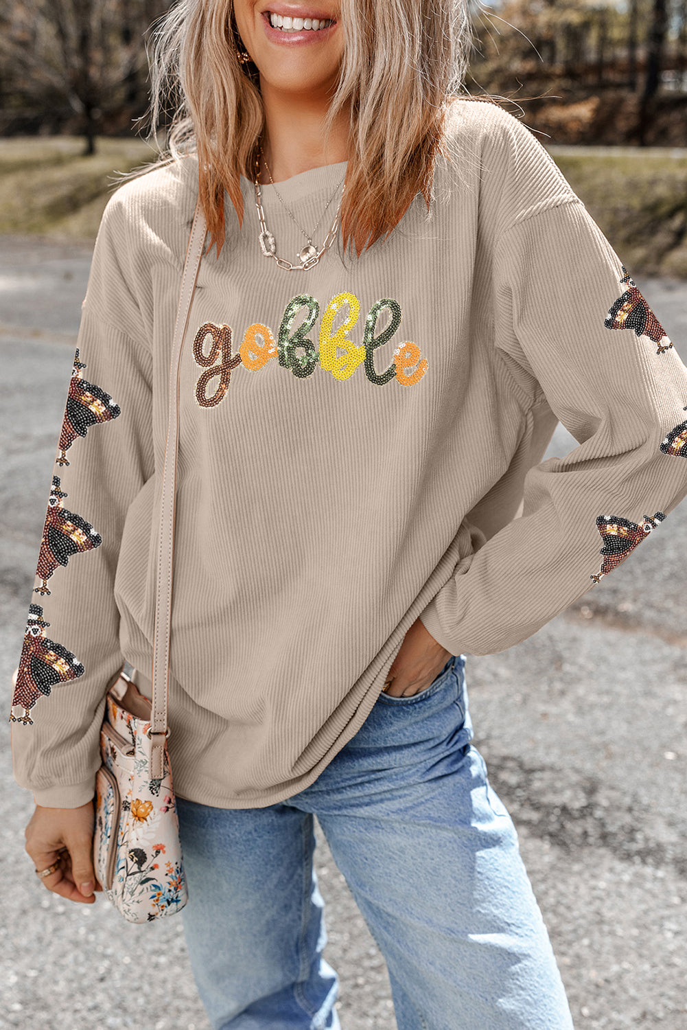 Smoke Gray Gobble Turkey Thanksgiving Sequined Patch Corded Baggy Sweatshirt