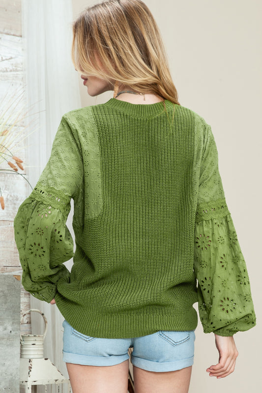 Green Eyelet Drop Shoulder Long Sleeve Pullover Sweater