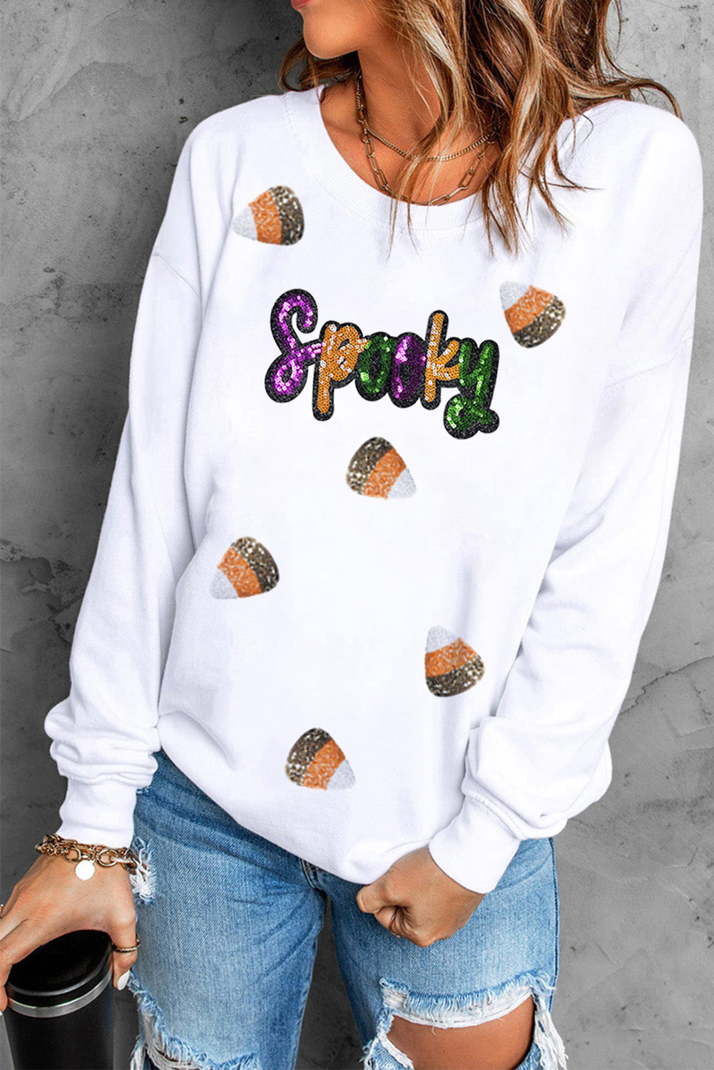 White Sequin Spooky Halloween Spirit Print Casual Sweatshirt