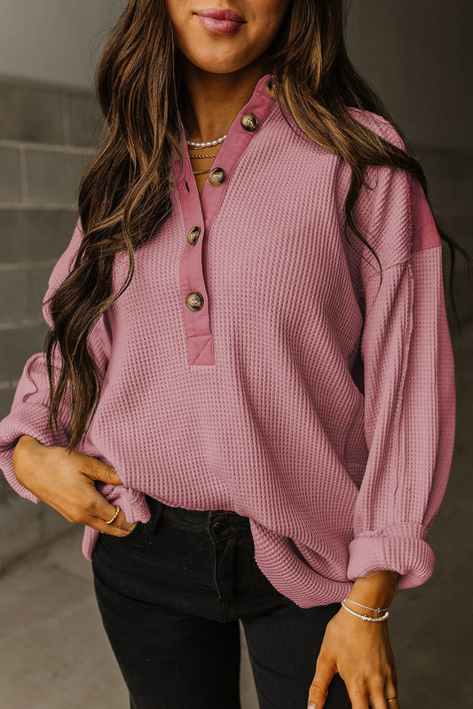 Pink Waffle Patchwork Drop Sleeve Henley Top