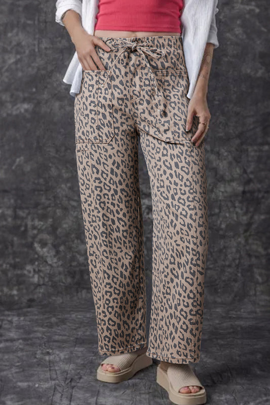 Leopard Print Wide-Leg Jeans with Drawstring Waist & Side Pockets