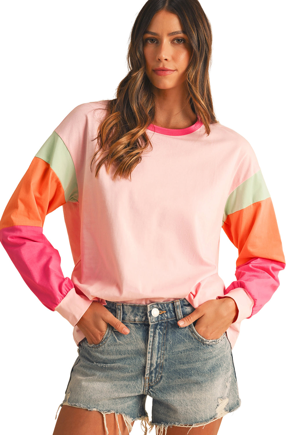 Rose Red Color Block Sleeve Loose Fit Top