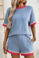Sky Blue Twisted Corded Contrast Trim T Shirt and Shorts Set