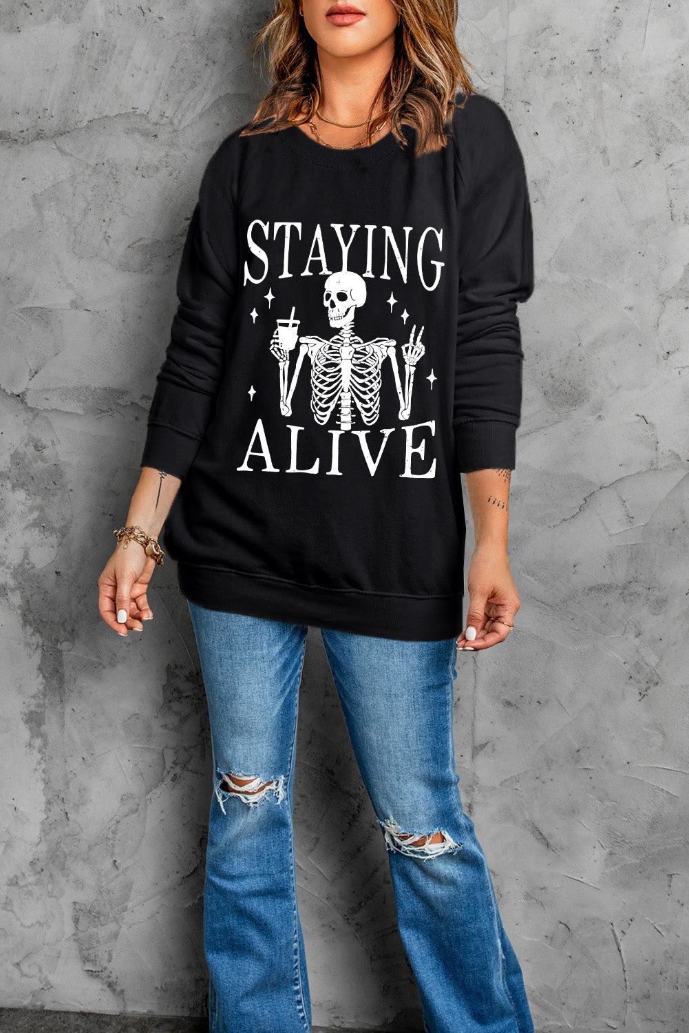 Black STAYING ALIVE Skull Graphic Crewneck Halloween Sweatshirt