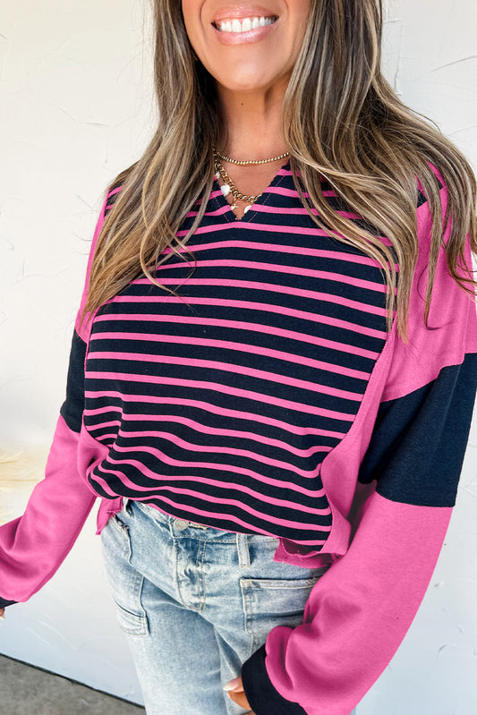 Pink & Navy Striped Colorblock V-Neck Long Sleeve Top