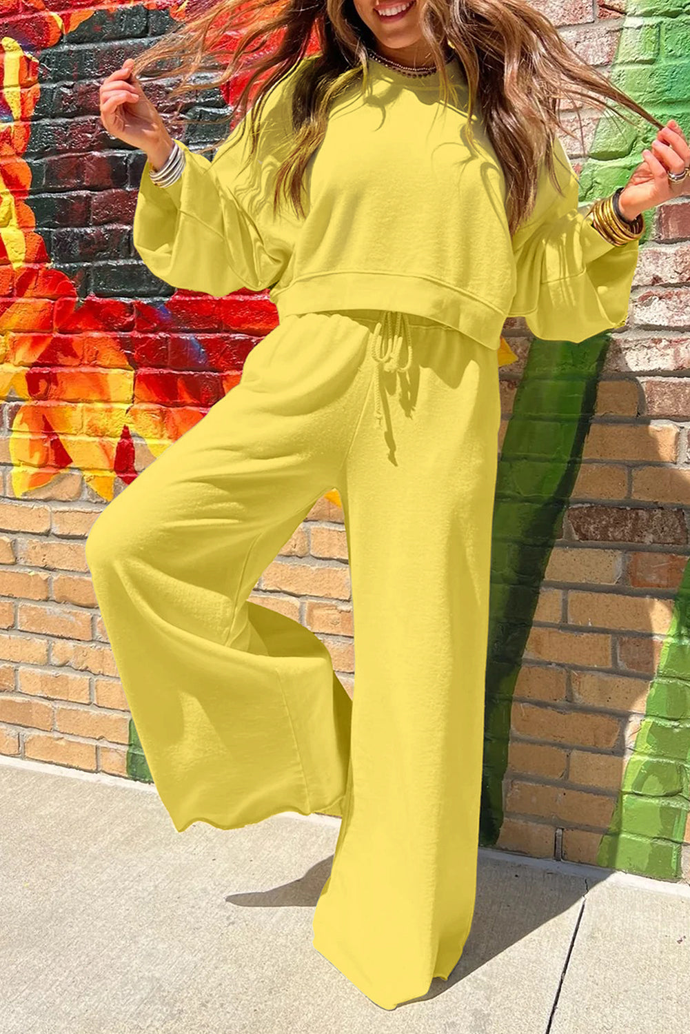 Vibrant Drop Shoulder Pullover & Wide Leg Pants Set