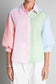 Pink Stripe Color Block Balloon Sleeve Button Loose Fit Shirt