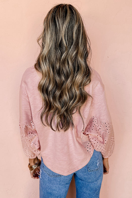 Light Pink Keyhole Notch V-Neck Batwing Sleeve Blouse