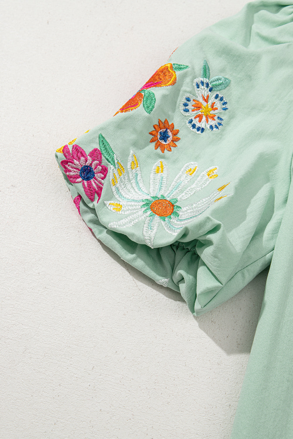 Mint Floral Embroidered Puff Sleeve Split-Neck Blouse
