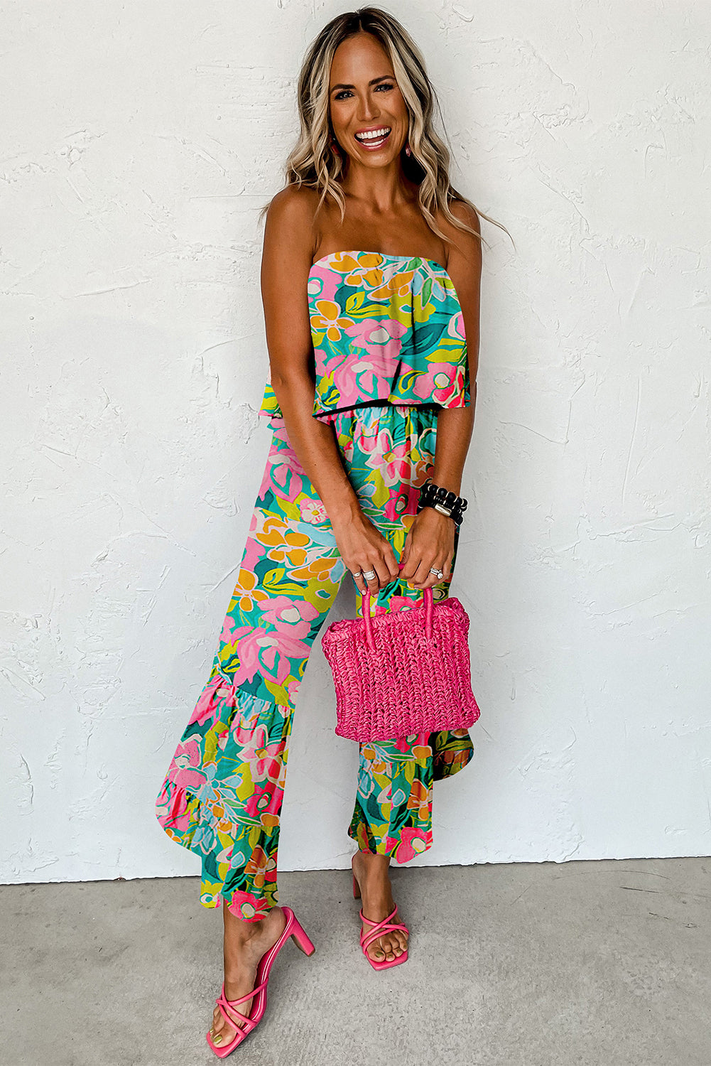 Green Mix Tropical Print Strapless Ruffle Jumpsuit