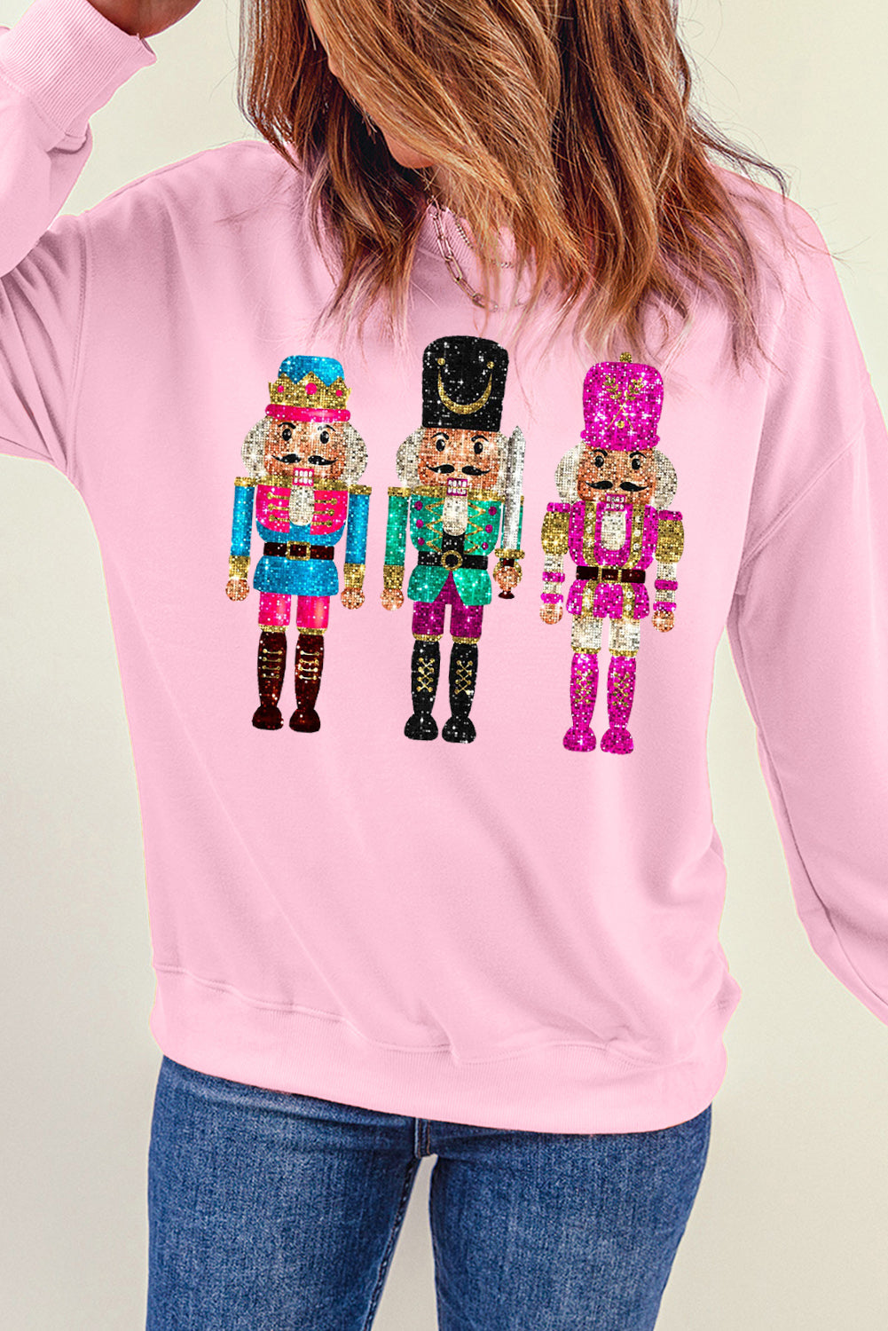 Pink Cute Nutcracker Printed Graphic Drop Shoulder Christmas Sweatshirt