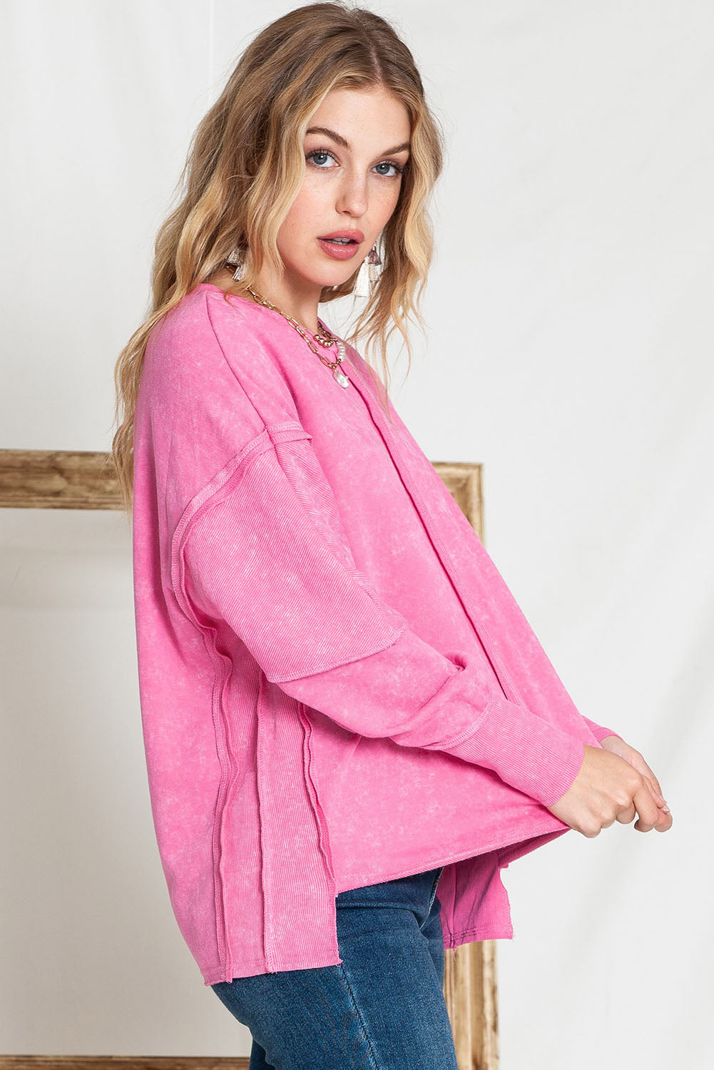 Rose Drop Sleeve Exposed Seam Pullover Sweatshirt