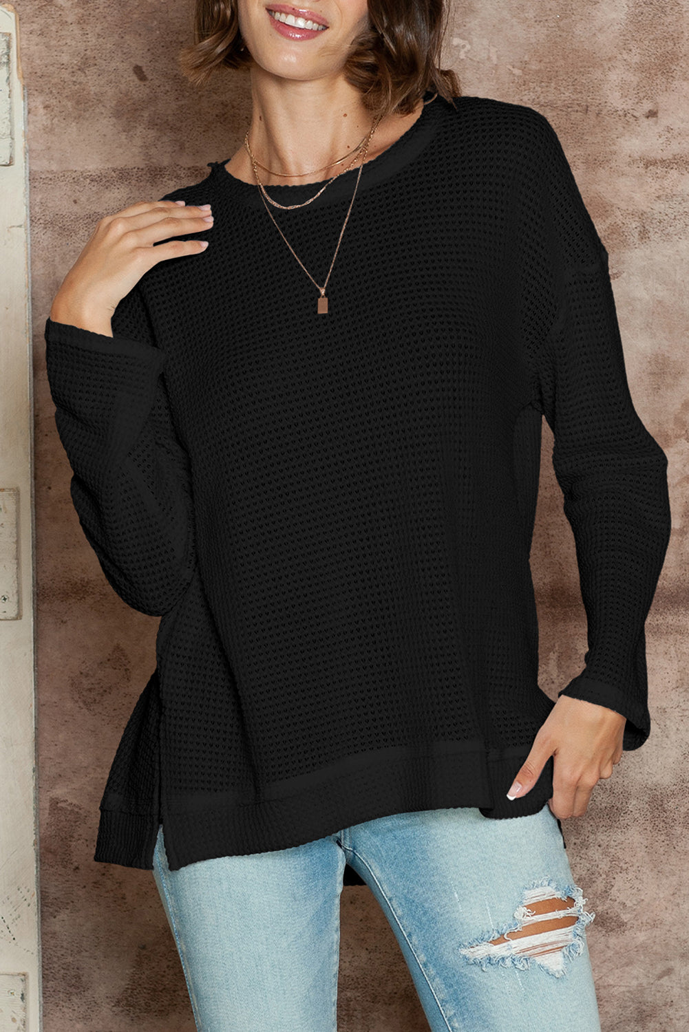 Black Plain Waffle Knit Drop Sleeve Side Slits Oversized Top