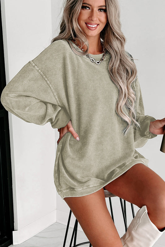 Green Ribbed Round Neck Drop Sleeve Pullover Sweatshirt