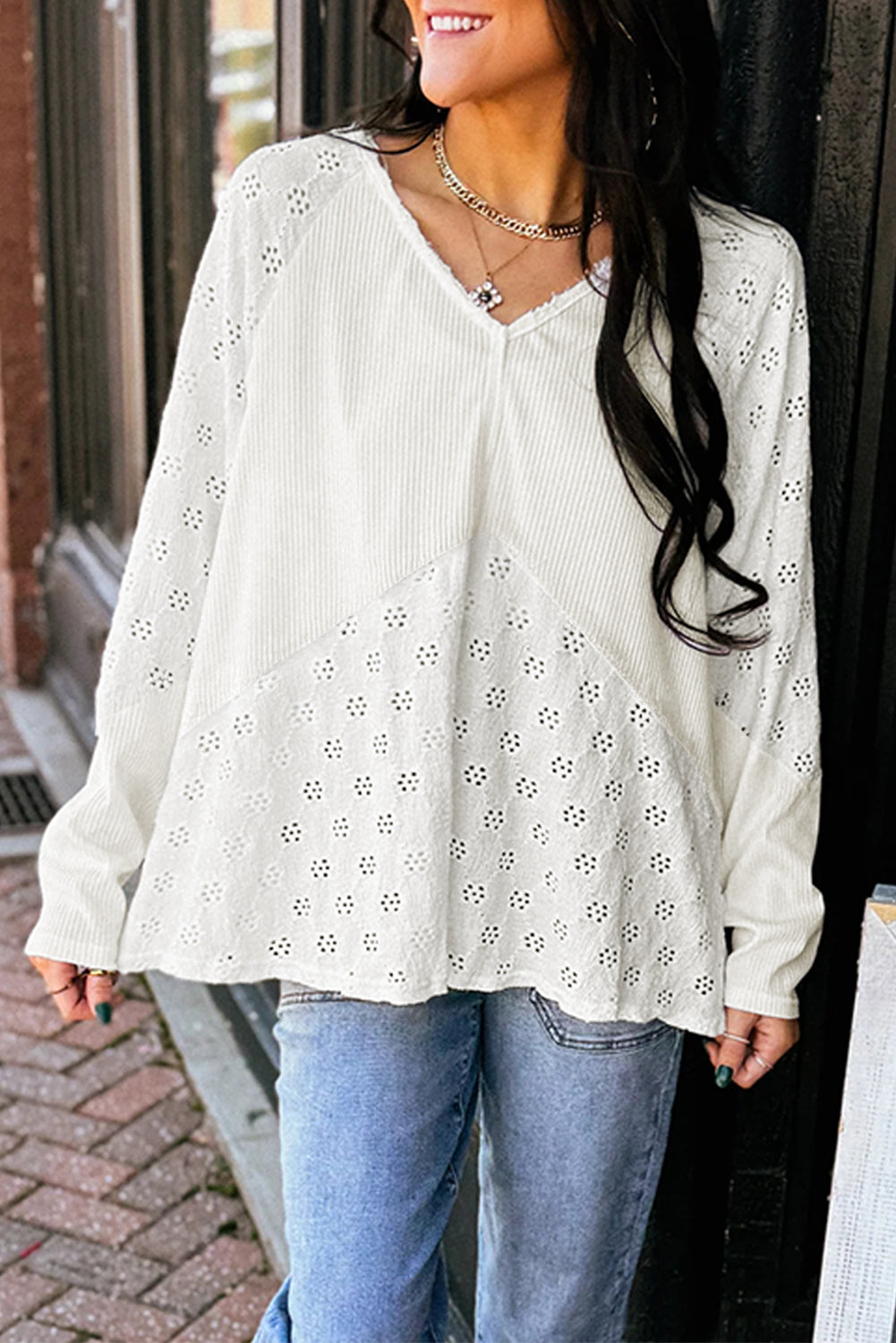 Embroidered Patchwork V-Neck Top – White