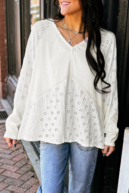 Embroidered Patchwork V-Neck Top – White