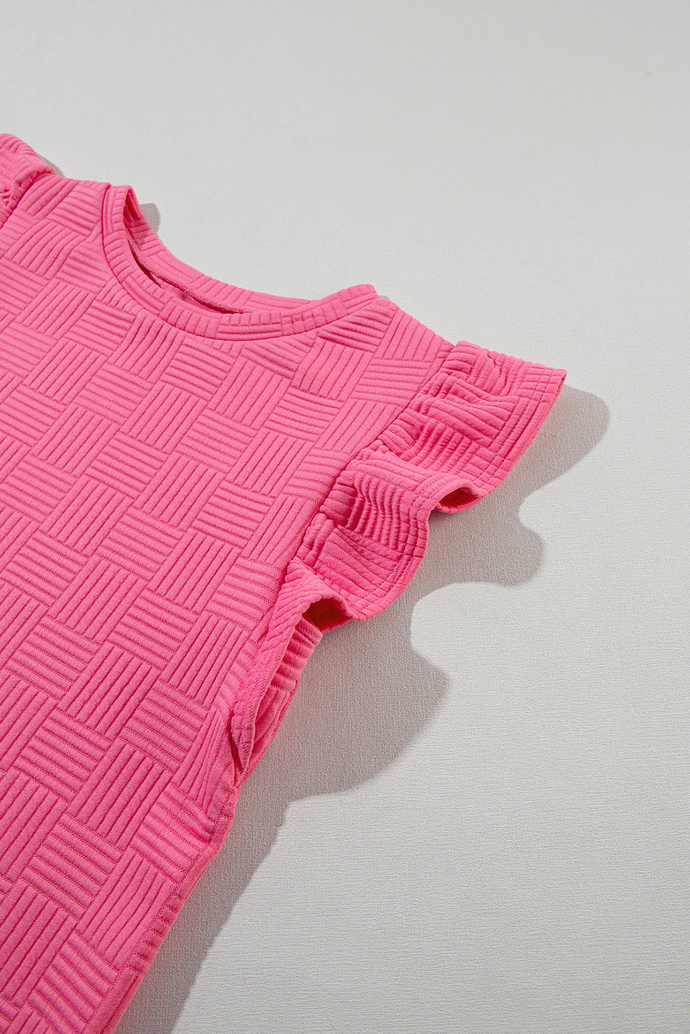 Pink Textured Ruffled Sleeve Tee and Drawstring Elastic Waistband Shorts Set