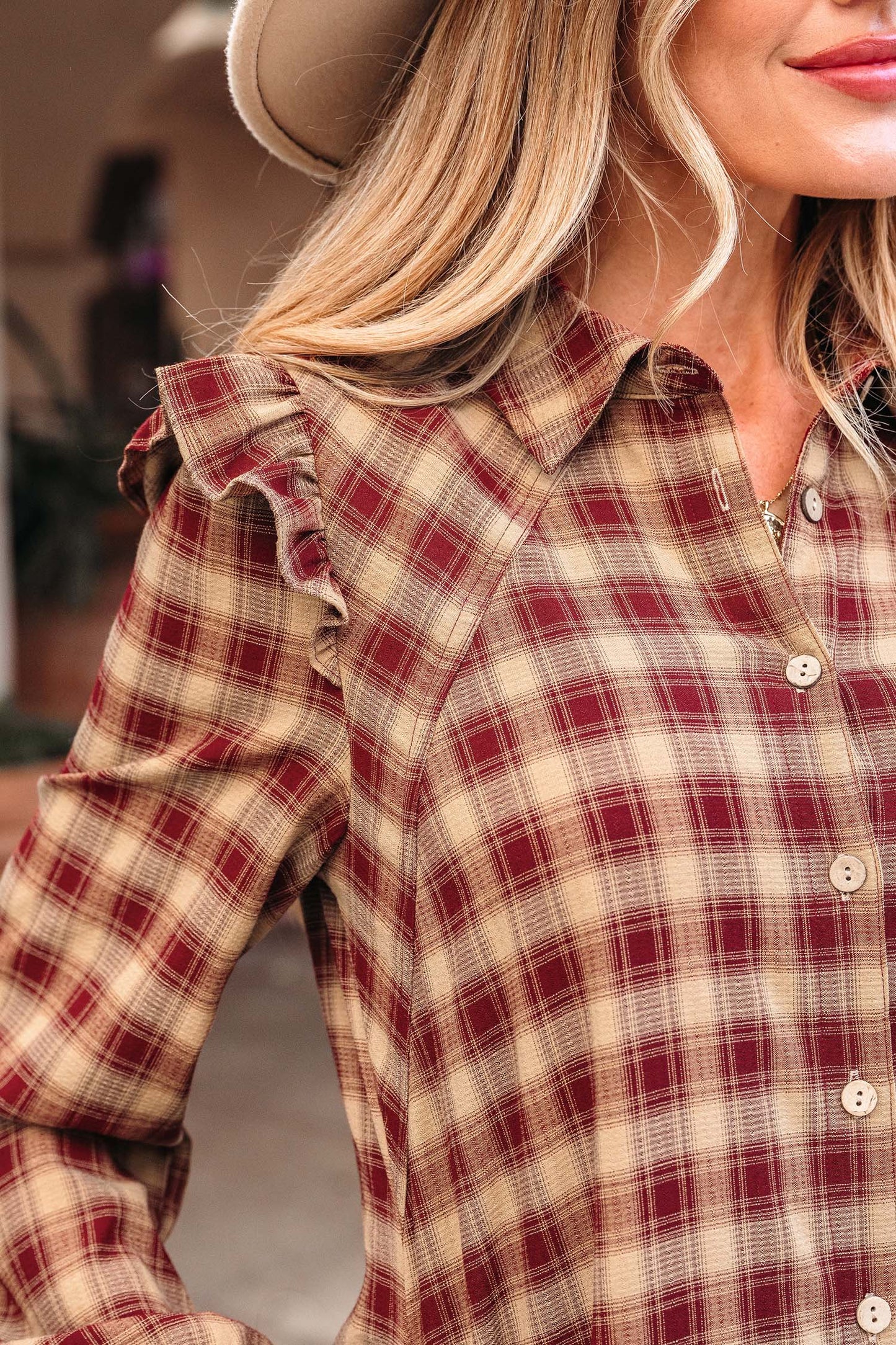 Red Plaid Print Ruffled Long Sleeve Patchwork Hem Mini Shirt Dress
