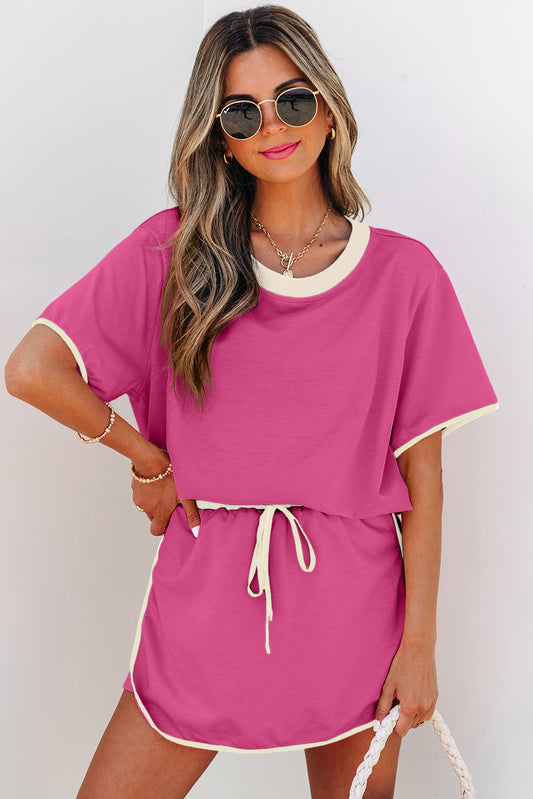Rose Red Colorblock Edge Drop Shoulder T-Shirt and Skort Two Piece Set