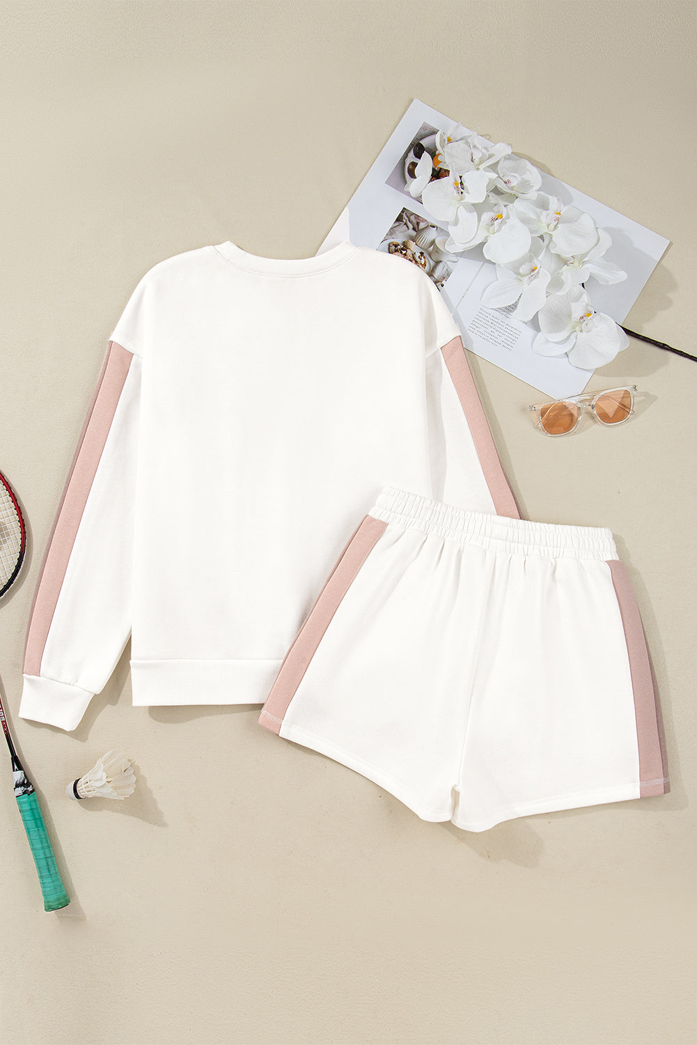 White Color Block Patchwork Drop Shoulder Pullover Casual Shorts Two Piece Outfit