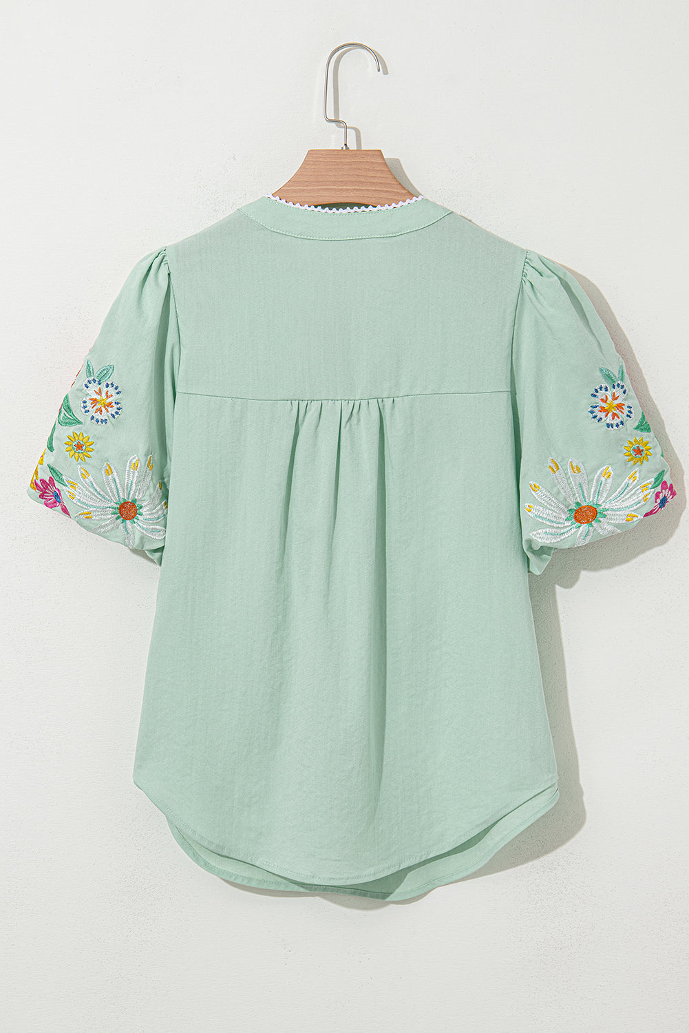 Mint Floral Embroidered Puff Sleeve Split-Neck Blouse