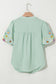 Mint Floral Embroidered Puff Sleeve Split-Neck Blouse