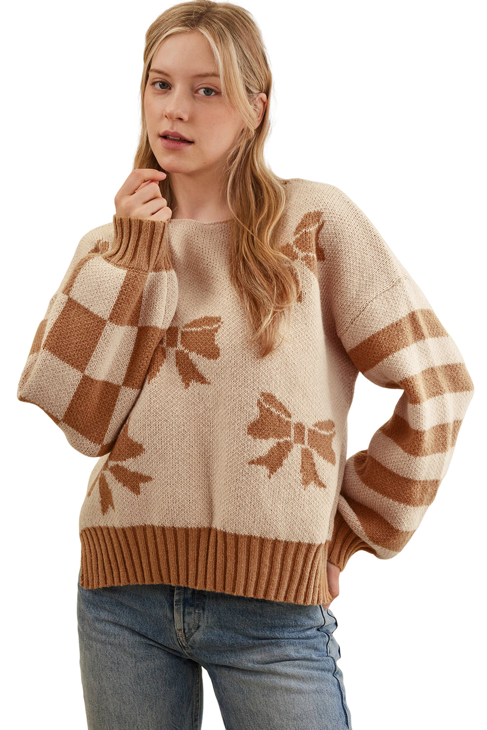 Striped Checkered Sleeves Bow Print Knit Sweater