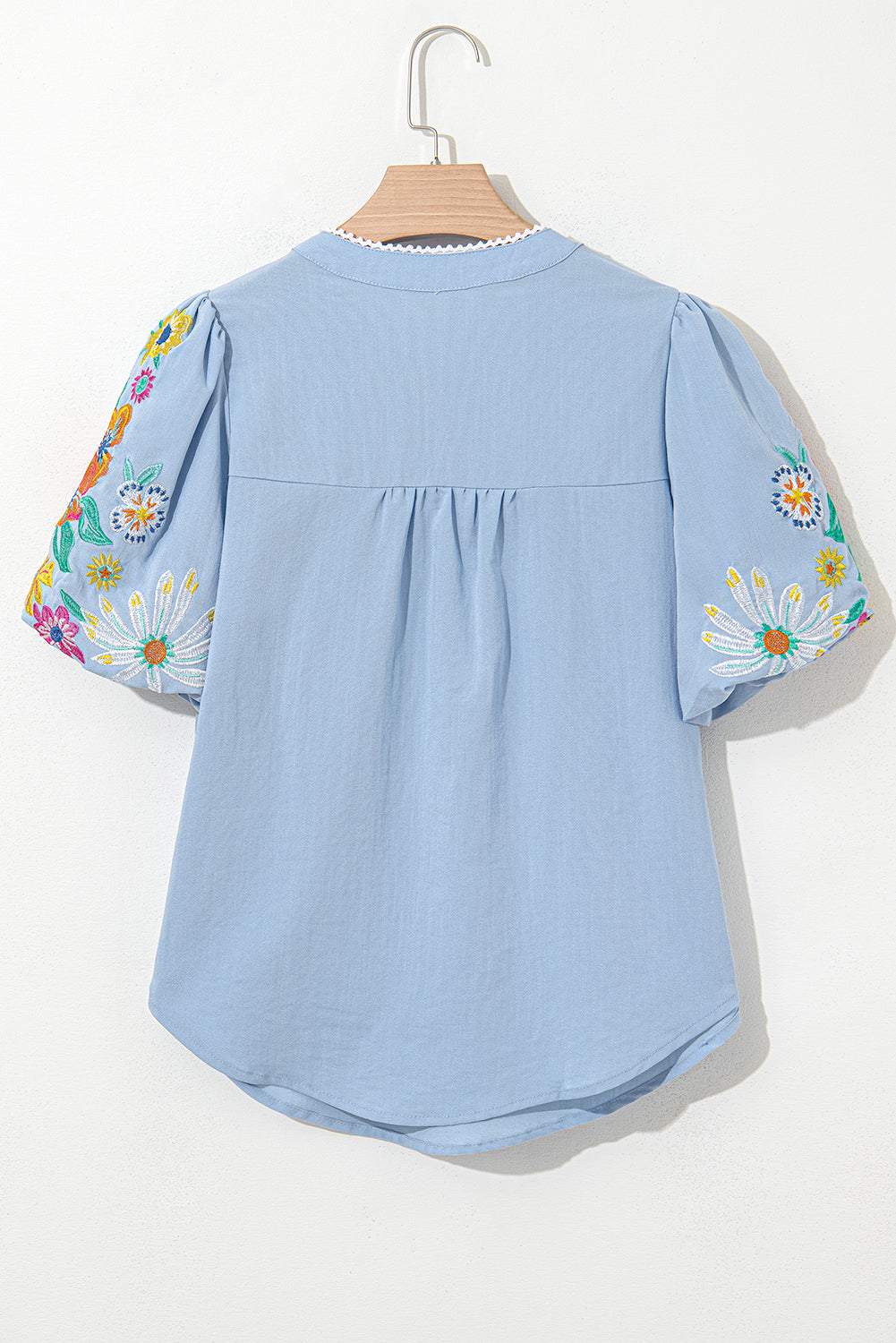 Floral Embroidered Puff Sleeve Split-Neck Blouse