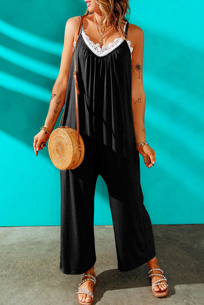Casual Spaghetti Straps Wide Leg Pocketed Jumpsuit