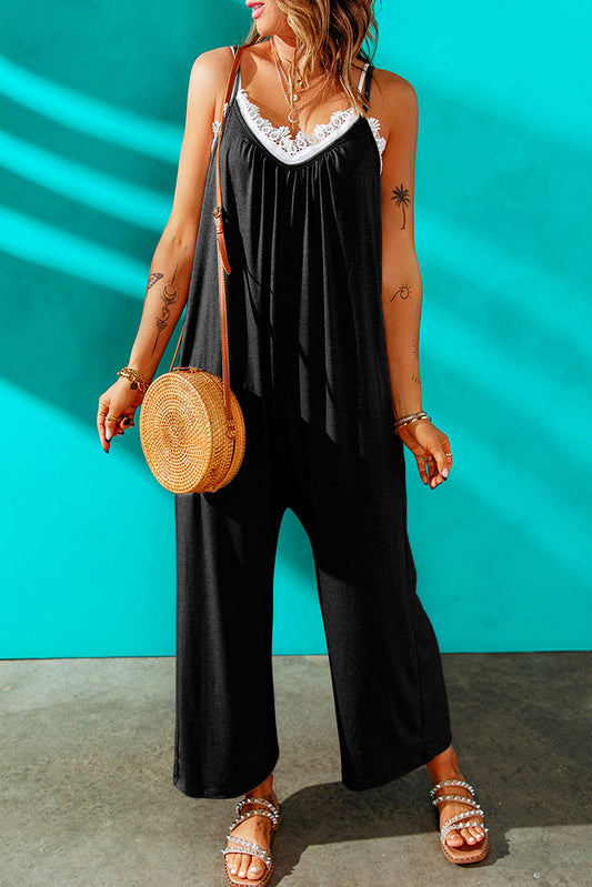 Casual Spaghetti Straps Wide Leg Pocketed Jumpsuit