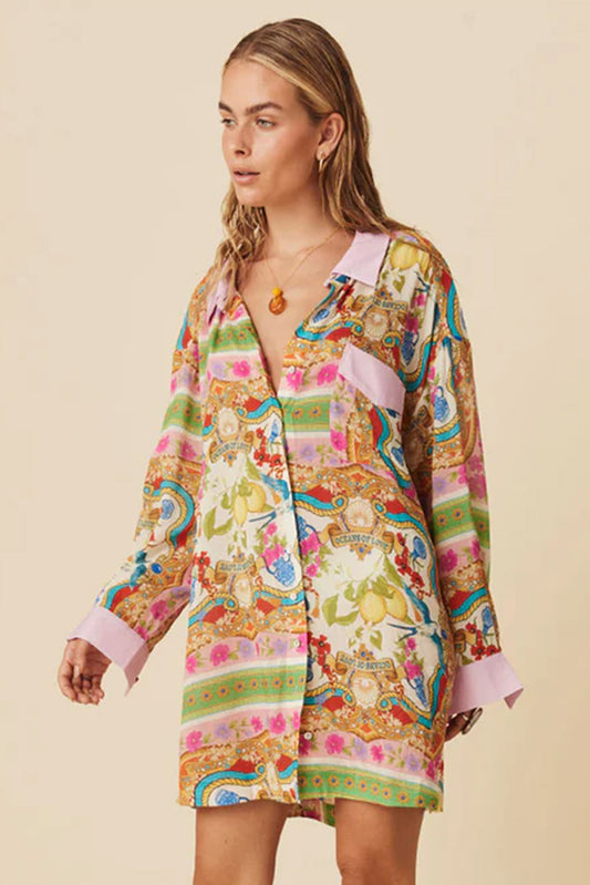Multicolor Abstract Print Button Long Sleeve Shirt Dress