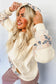 Beige Geo Pattern Patchwork Hoodie with Kangaroo Pocket