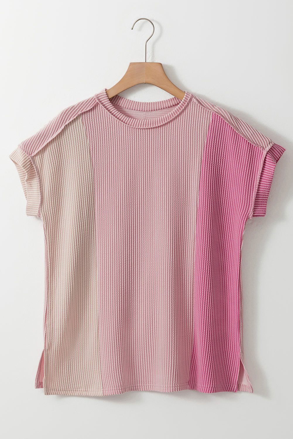 Apricot Pink Colorblock Crinkle Rib Round Neck T Shirt