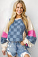 Sky Blue Checkered Denim Exposed Seam Patchwork Sweatshirt