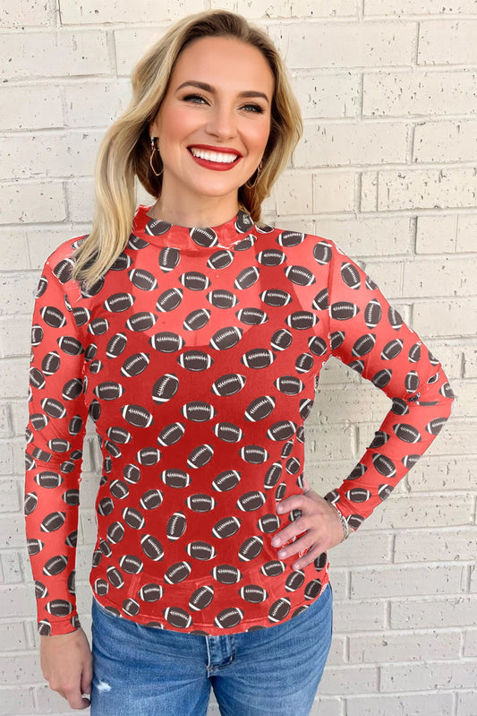 Red Game Day Football Mesh Sheer Long Sleeve Top