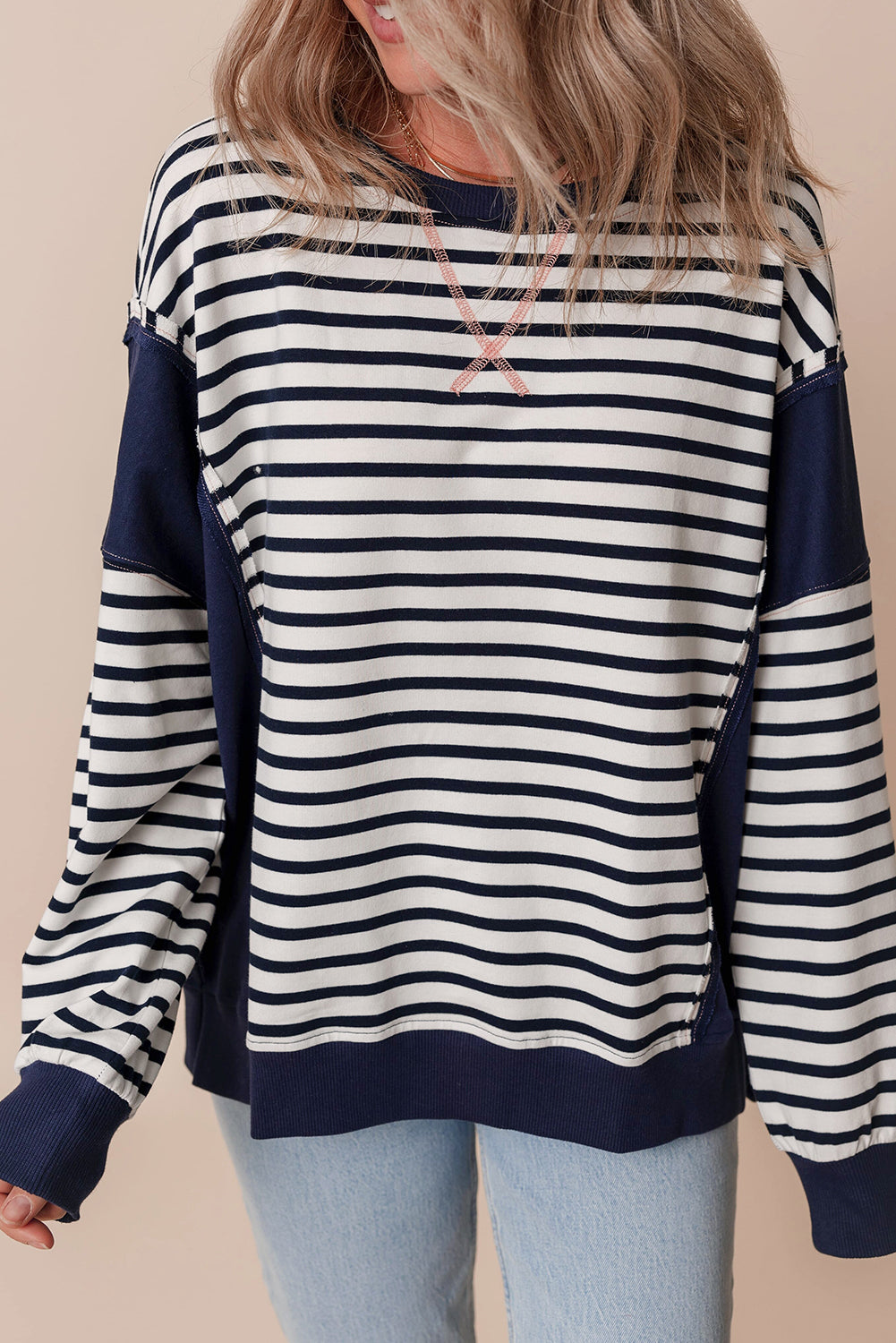 White Stripe Patchwork Exposed Seam Loose Fit Sweatshirt