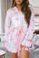 Pink Bow Print Bell Sleeve Shirt and Ruffle Hem Shorts Pajama Set