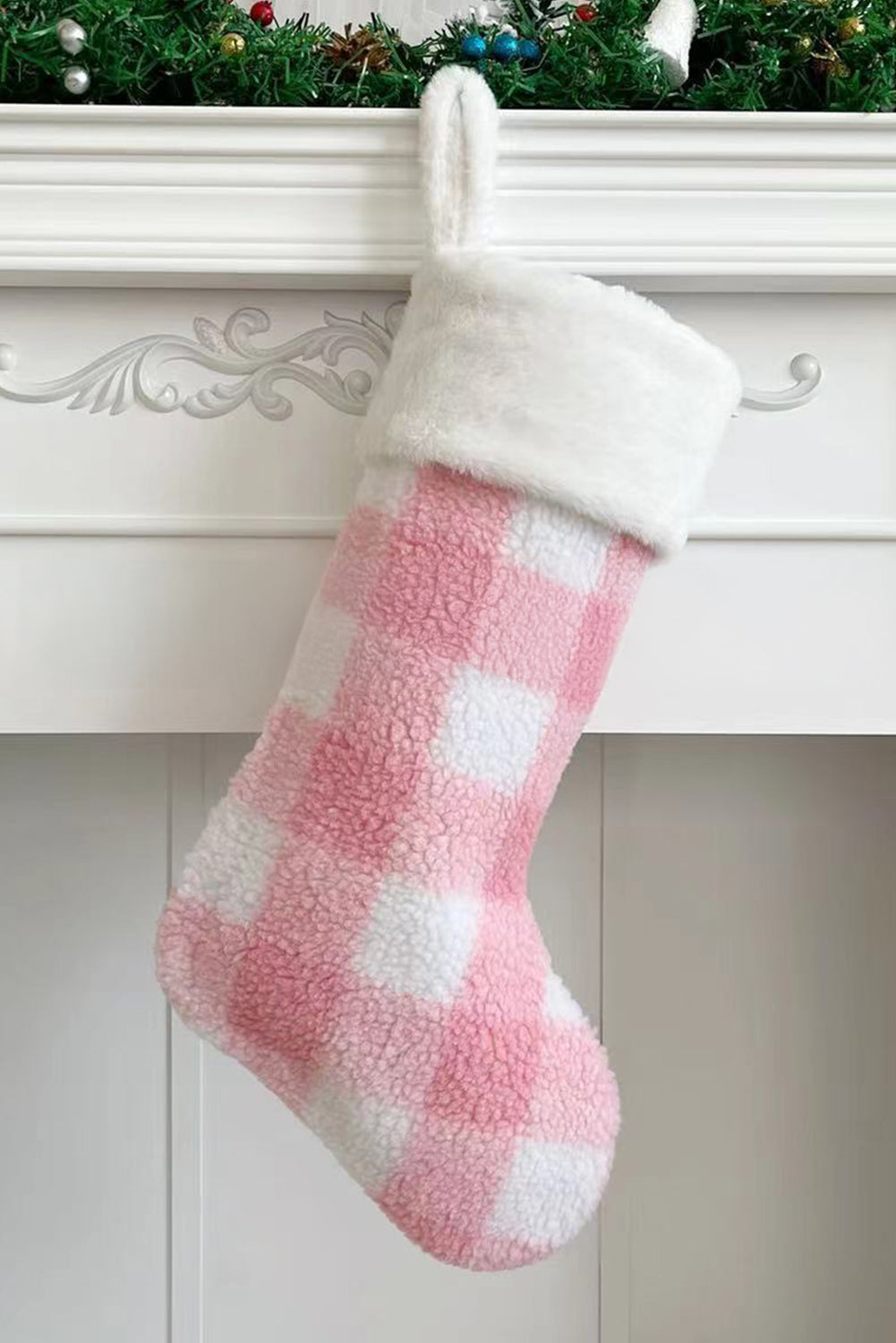 Pink Fleece Christmas Buffalo Plaid Stocking Ornament