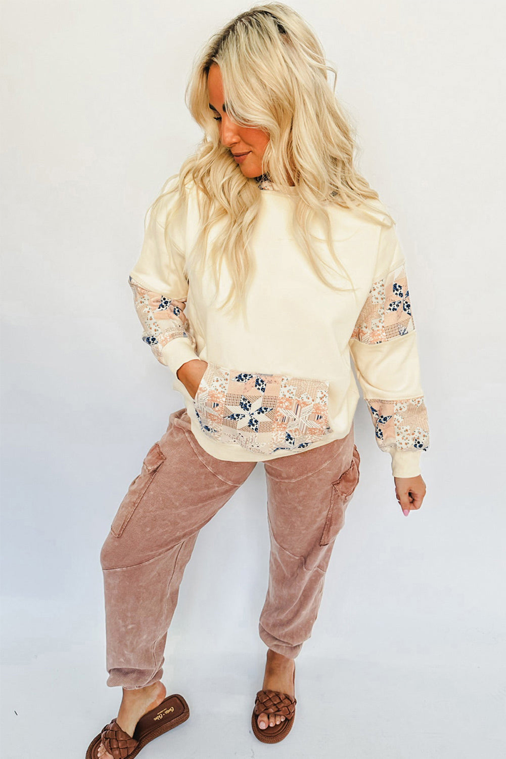 Beige Geo Pattern Patchwork Hoodie with Kangaroo Pocket