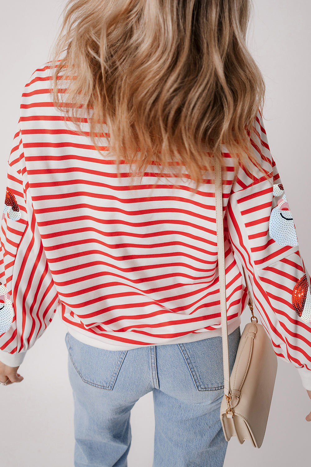 Striped Sequin Santa Claus Patch Application Loose Fitting Sweatshirt