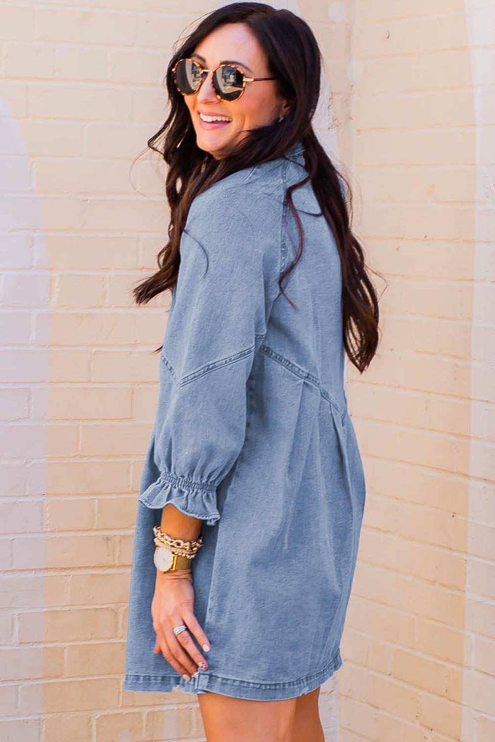 Light Blue Casual Buttoned Ruffle Denim Short Dress