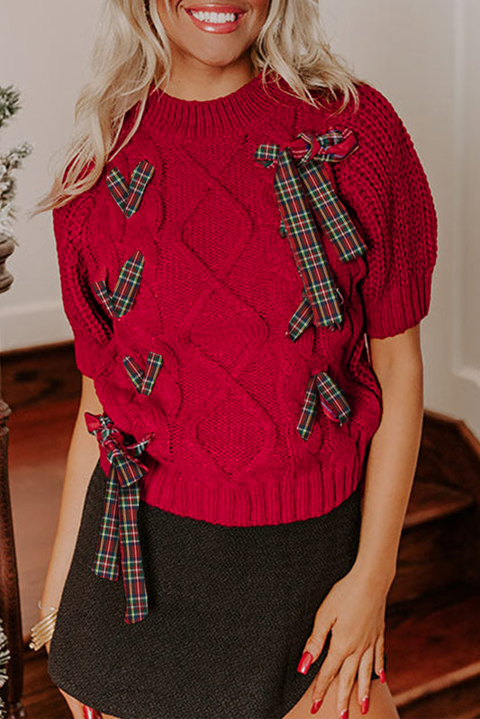 Red Plaid Lace-Up Detail Christmas Holiday Puff Short Sleeve Sweater