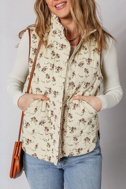 Apricot Floral Print Zip Up Quilted Warm Vest