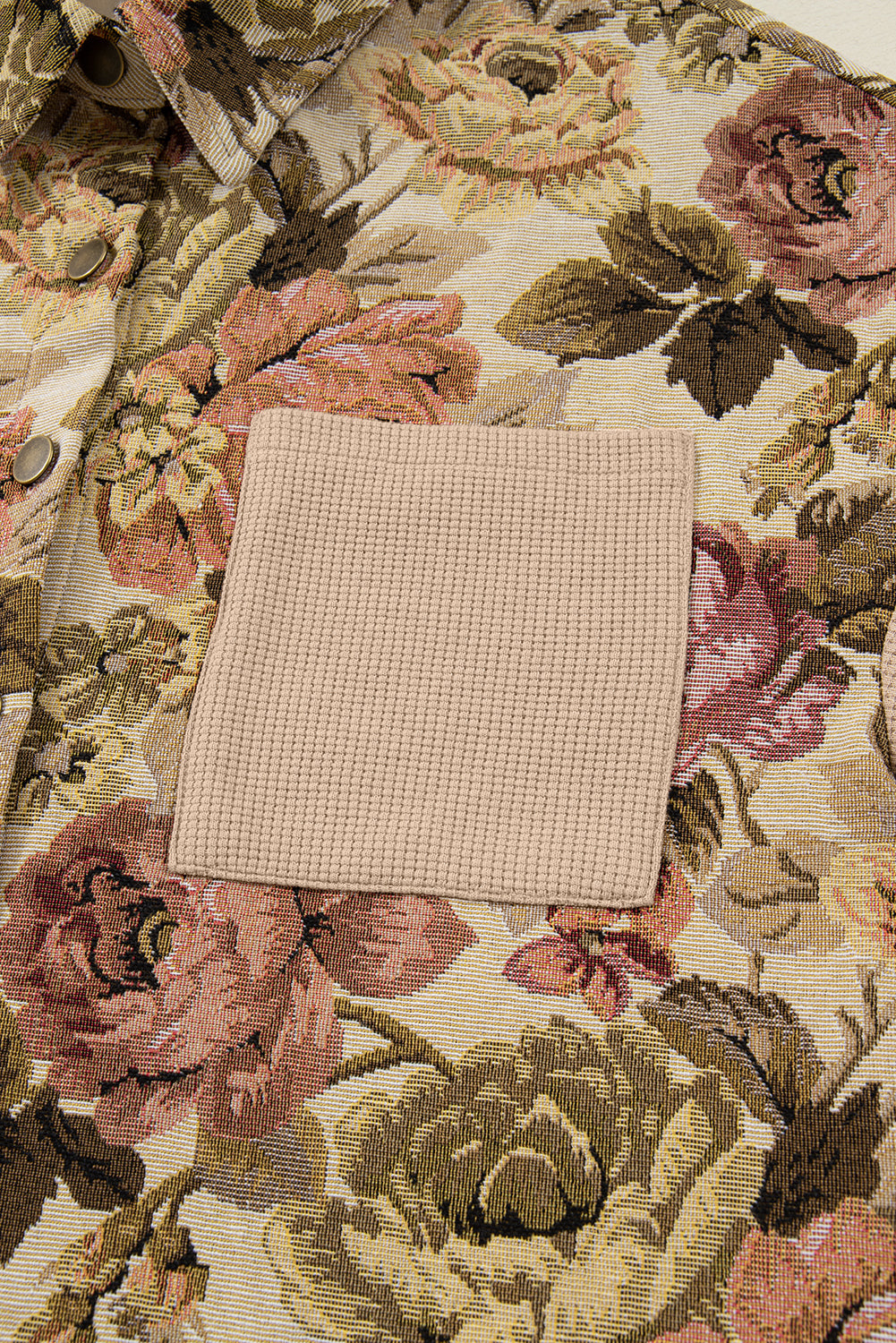 Floral Waffle Knit Patchwork Chest Pockets Buttoned Jacket