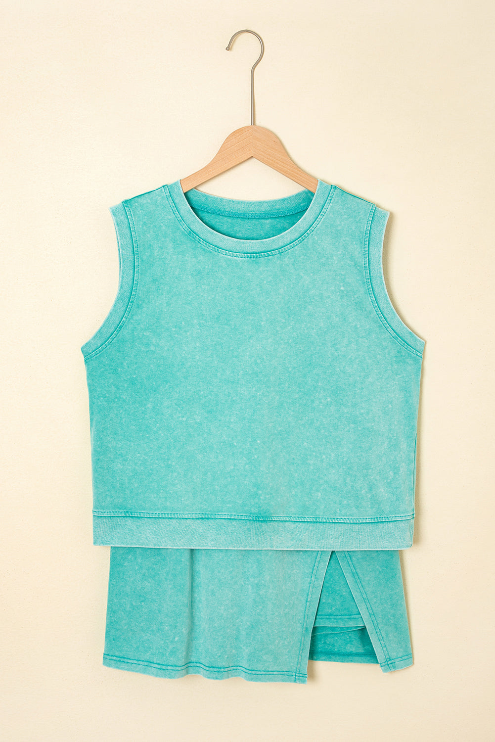 Mint Green Two Piece Mineral Wash Cotton Tank Top Lined Split Skirt Set