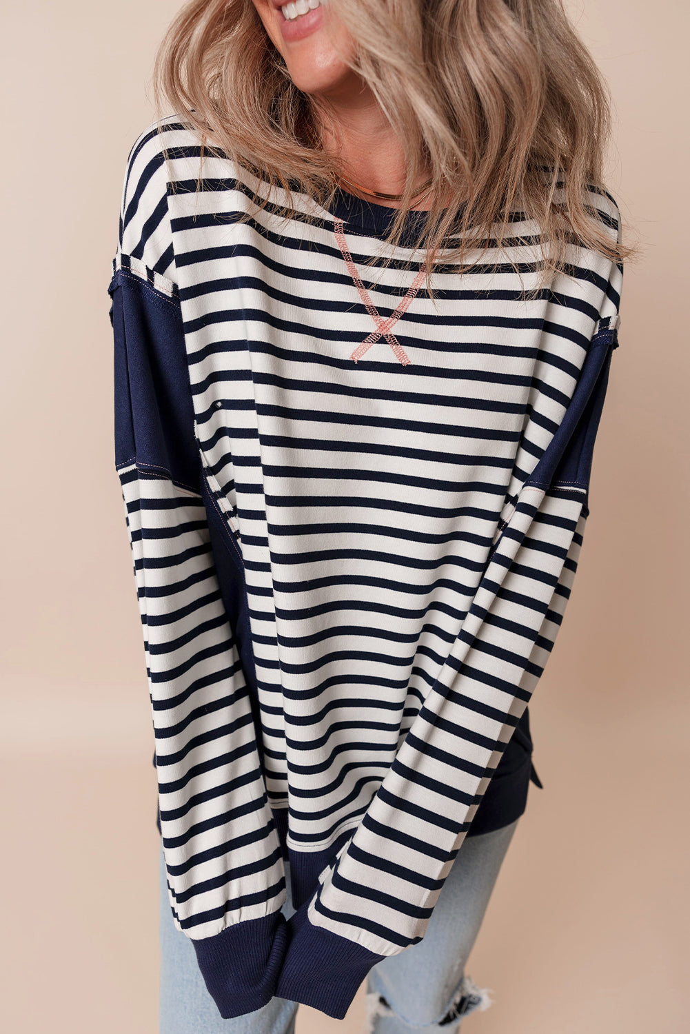 White Stripe Patchwork Exposed Seam Loose Fit Sweatshirt