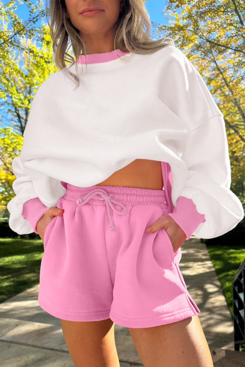 Colorblock Drop Shoulder Pullover & Drawstring Shorts Set