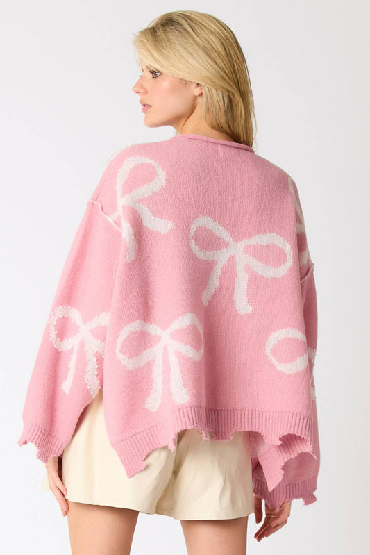 Pink Bow Pattern Pearl Embellished Raw Hem Sweater